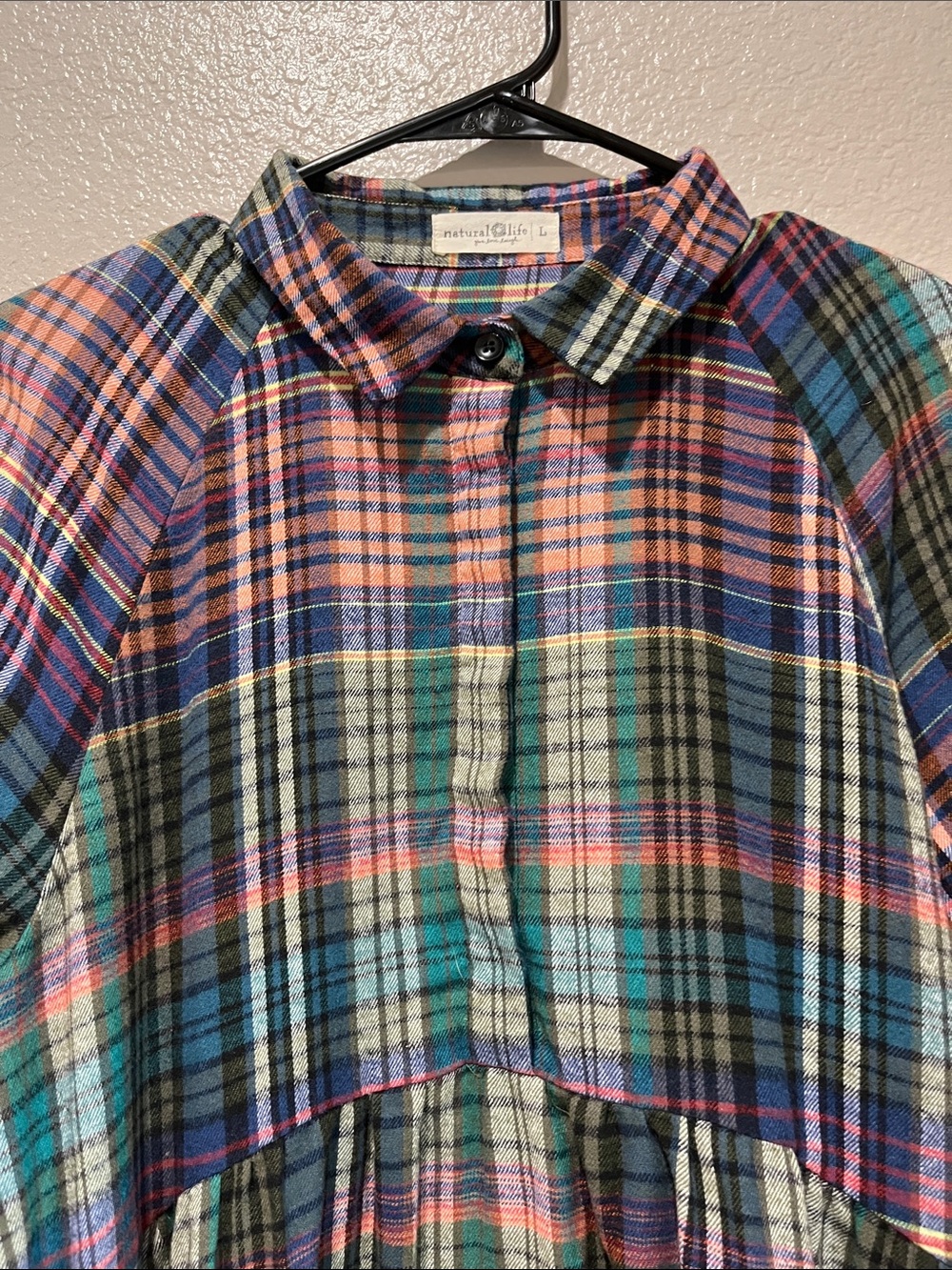 NATURAL LIFE Plaid tiered Midi Dress in Teal Navy Pink Short Sleeve Sz L Boho - Picture 7 of 9